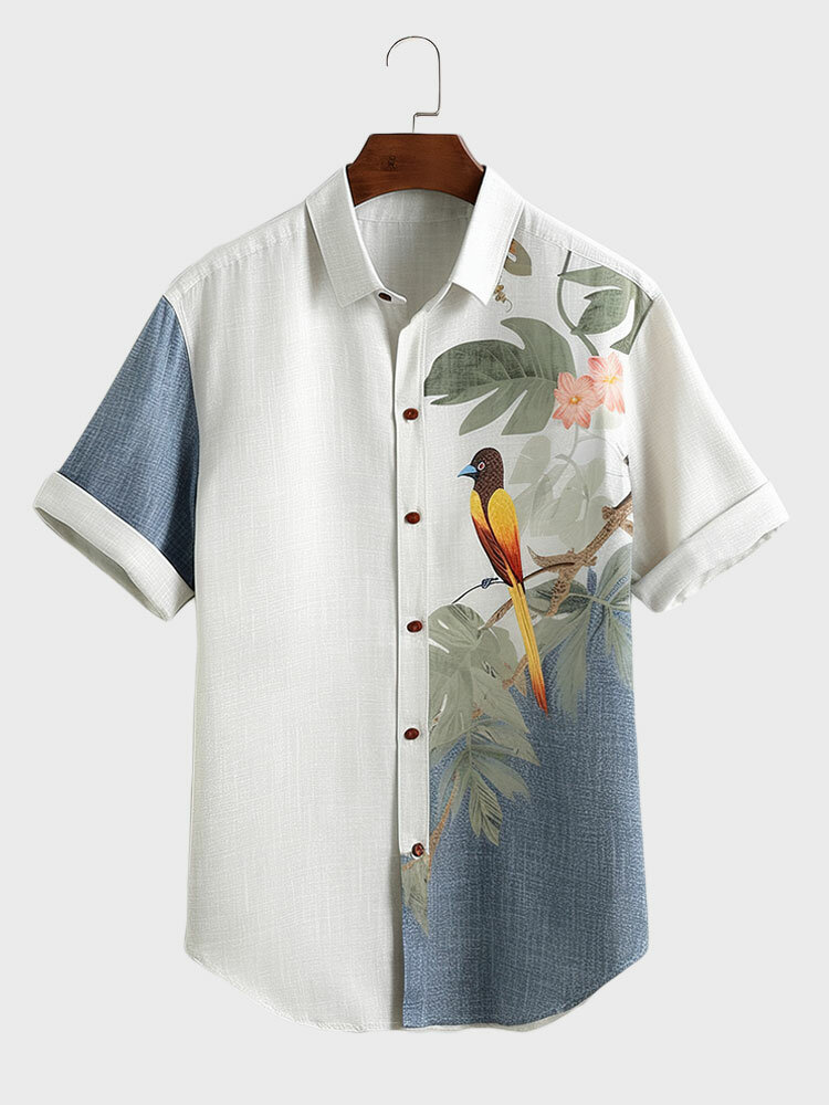 

Mens Tropical Plant Parrot Print Patchwork Short Sleeve Cotton Shirts, White