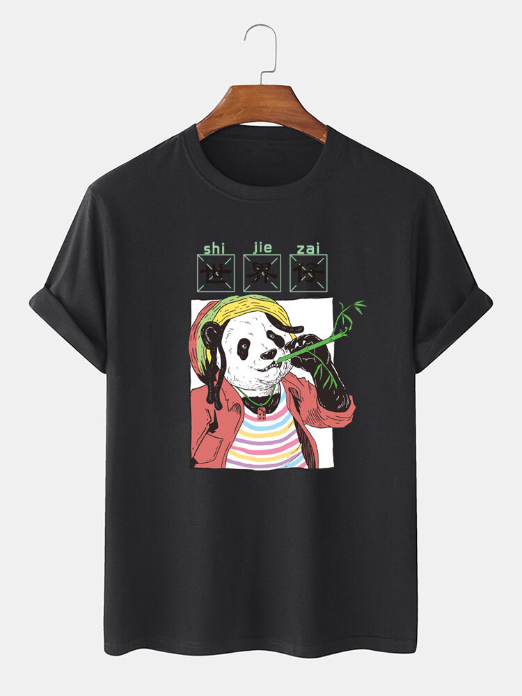Mens Funny Panda Chinese Character Printed Cotton Short Sleeve T-Shirts