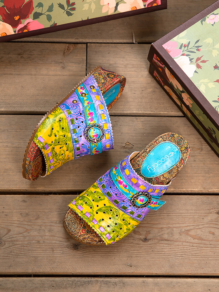 Scocofy cuir véritable fait à la main vacances d'été confortable respirant creux Colorblock boucle florale décor sandales à semelles compensées