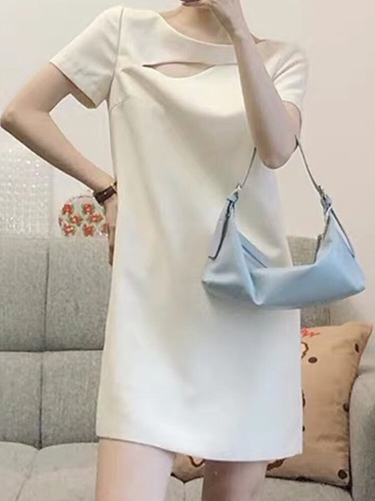 Solid Short Sleeve Hollow Crew Neck Casual Dress