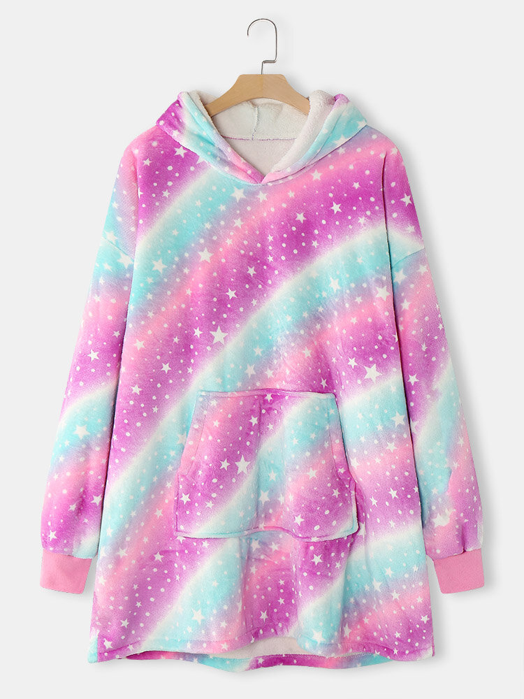 Women Ombre Starry Sky Print Flannel Thick Oversized Blanket Hoodie With Pocket