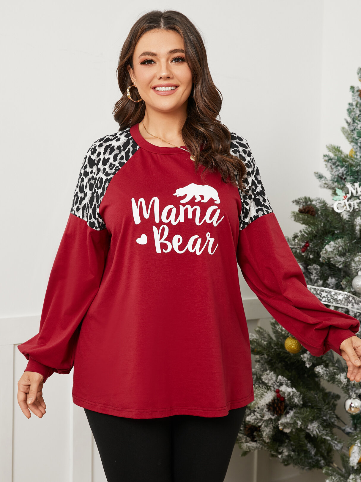 Plus Size Crew Neck Leopard Letter Long Sleeves Tee