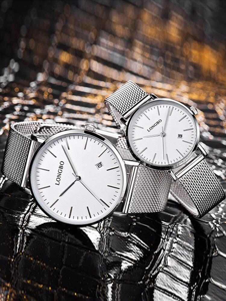 LONGBO Calendar Waterproof Couple Watch Weave Stainless Steel Mesh Ultra Thin Minimalist Watch