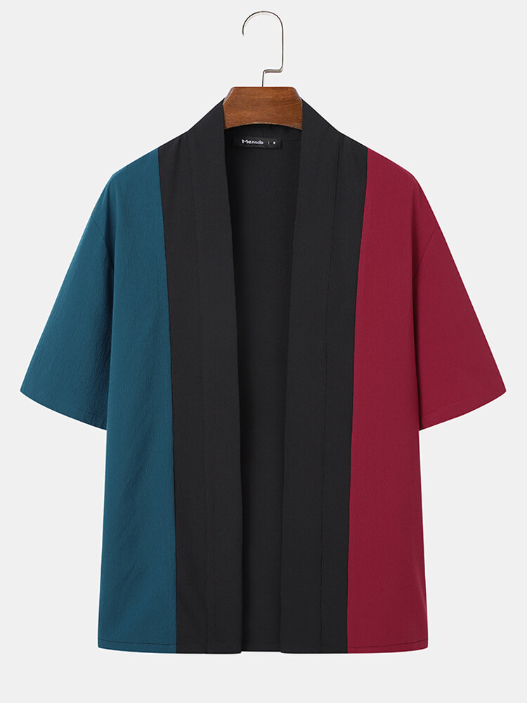 Mens Contrast Patchwork Open Front Textured Loose Kimono