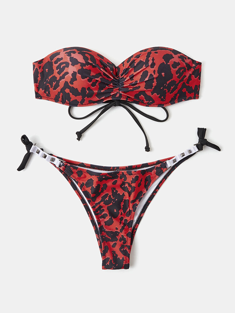 

Women Leopard Print Bandeau Bandage Strapless Open Back Bikinis Sexy Thong Swimsuit, Red