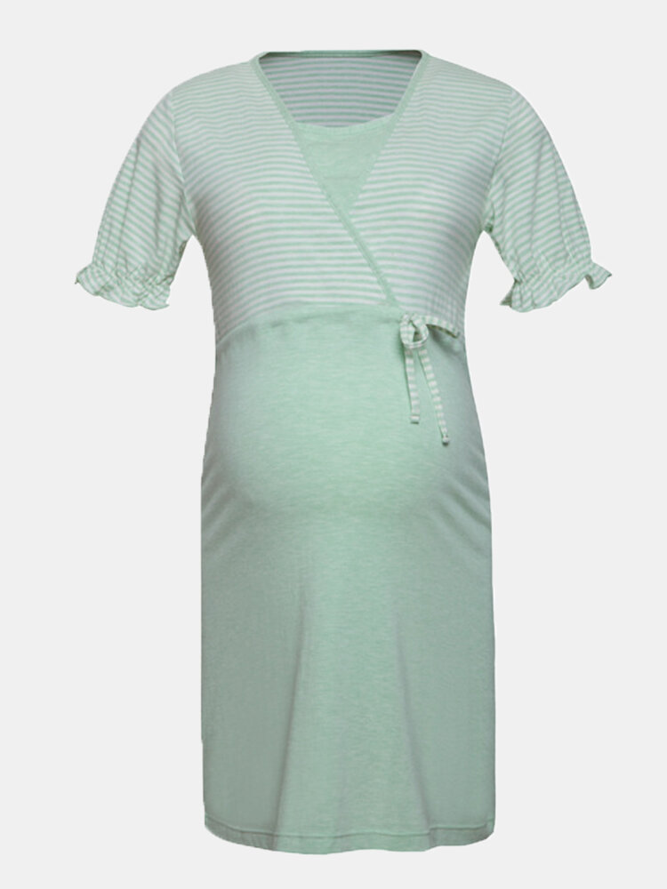 Maternity Striped Short Sleeves Front Open Loose Thin Pajama Casual Nursing Dress