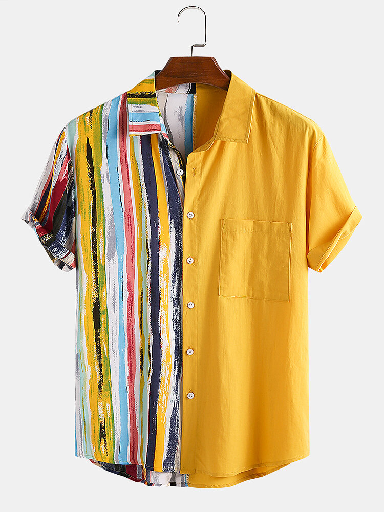 Men 100% Cotton Color Stripe Patchwork Holiday Casual Curved Hem Shirt