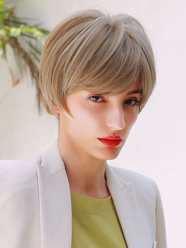 10 Inch Light Gold Synthetic Fiber Wig Local Bangs Fashion Elegant Short Straight Hair