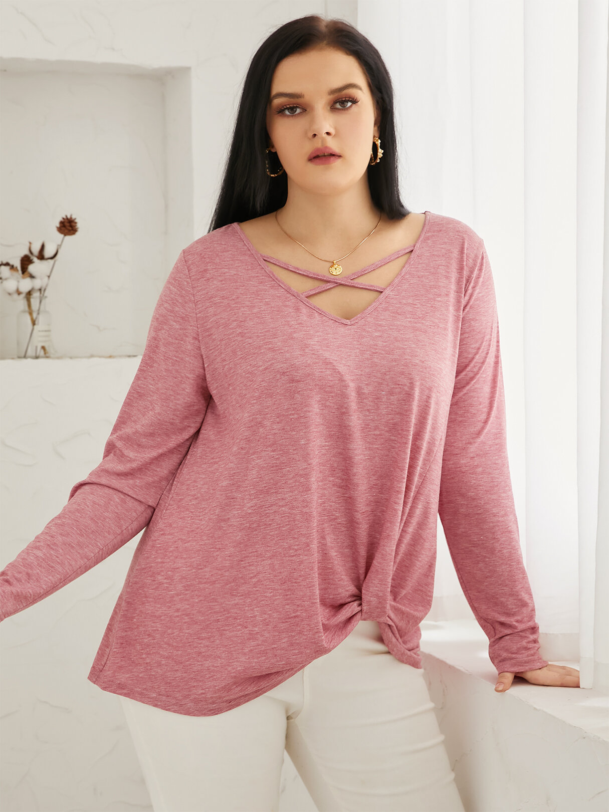 Plus Size V-neck Criss-Cross Twist Long Sleeves Tee, Pink;gray