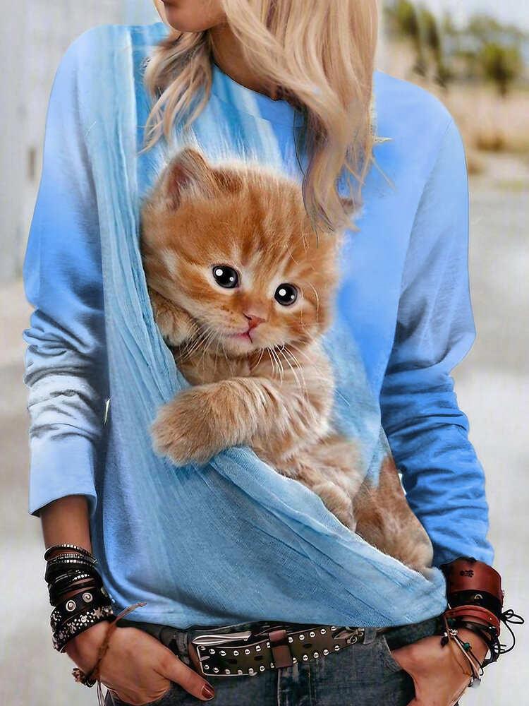 女性のかわいい 3D 猫プリント クルーネック長袖 T シャツ