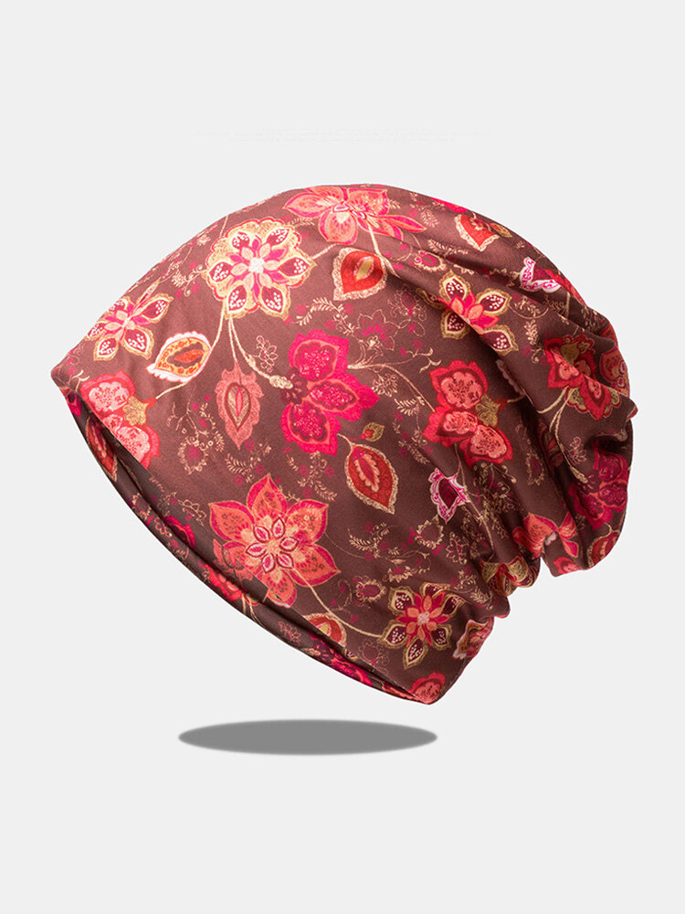 

Women Cotton Dual-use Overlay Vintage Calico Pattern Printed Elastic Casual Scarf Beanie Hat, Blue;purplish red