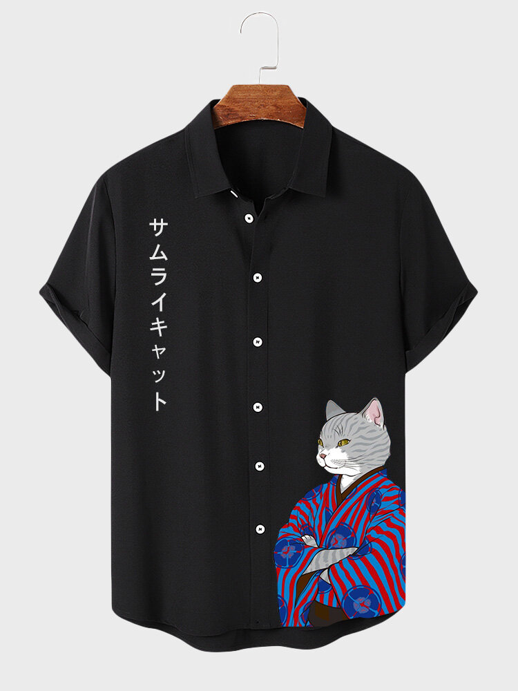 Mens Cartoon Japanese Cat Figure Print Lapel Short Sleeve Shirts