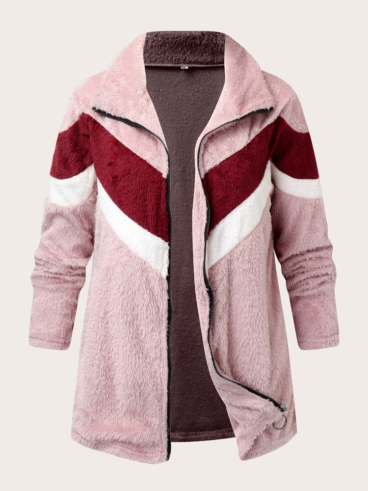 Abrigo frontal con cremallera esponjosa de patchwork de color en contraste informal de talla grande