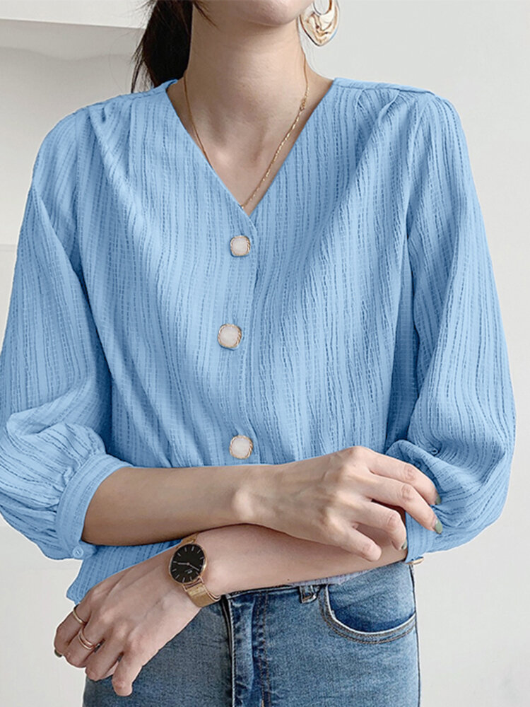 Textured Contrast Button Front V-neck 3/4 Sleeve Blouse