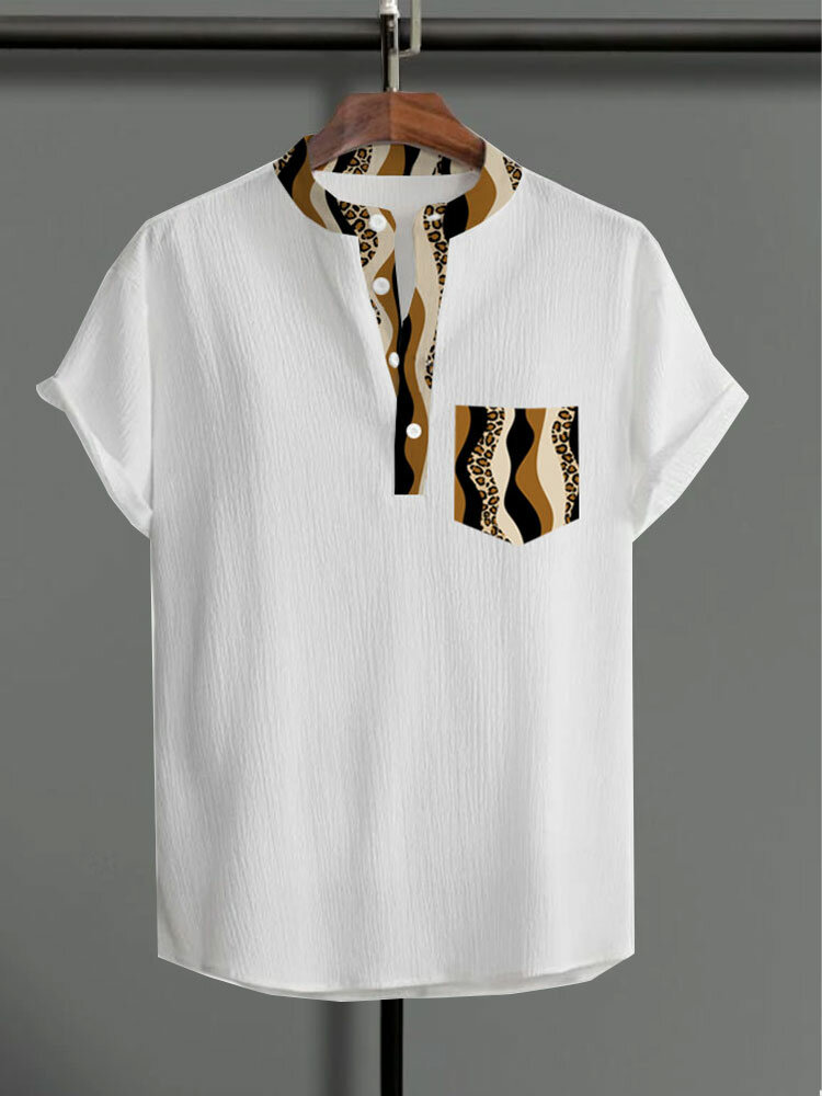 Mens Leopard Wave Striped Print Texture Short Sleeve Henley Shirts