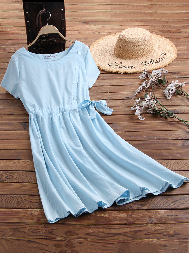 Women's Solid Color Short Sleeved Cotton Dress