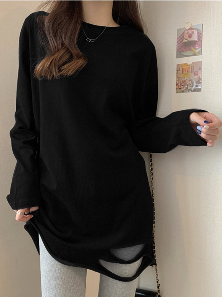 Solid Ripped Long Sleeve Crew Neck T-shirt For Women