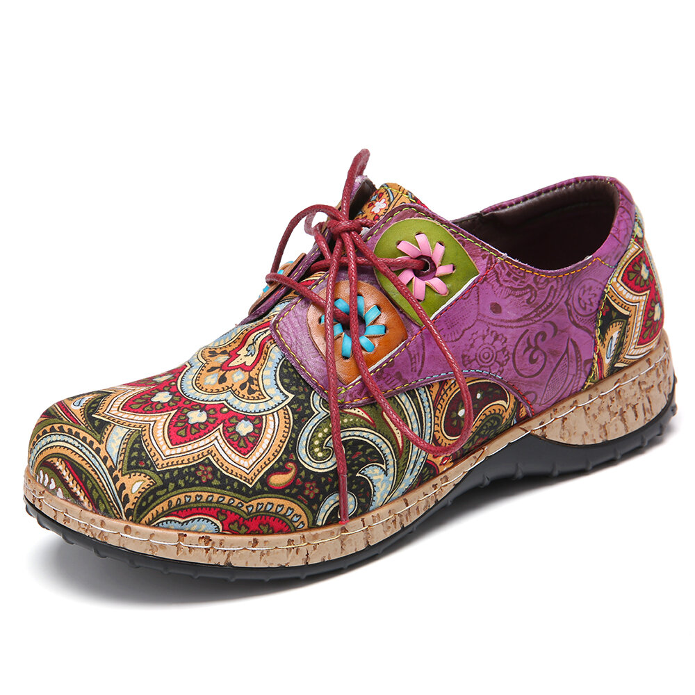 SOCOFY Folkways Pattern Leather Splicing Comfy Lace Up Flats