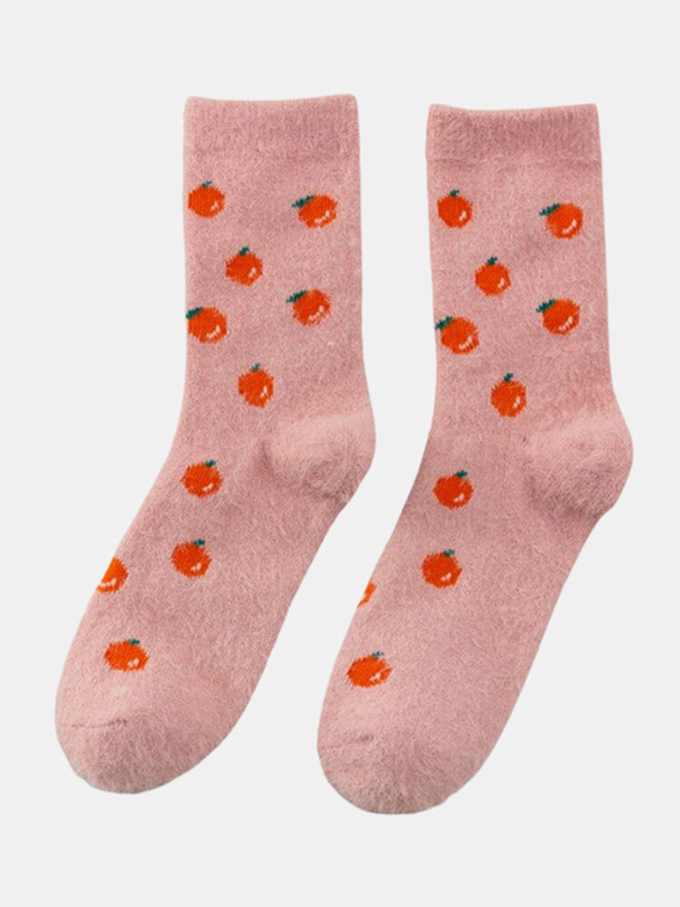 5 Pairs Women Artificial Mink Cartoon Fruit Pattern Plus Velvet Thickened Warmth Socks