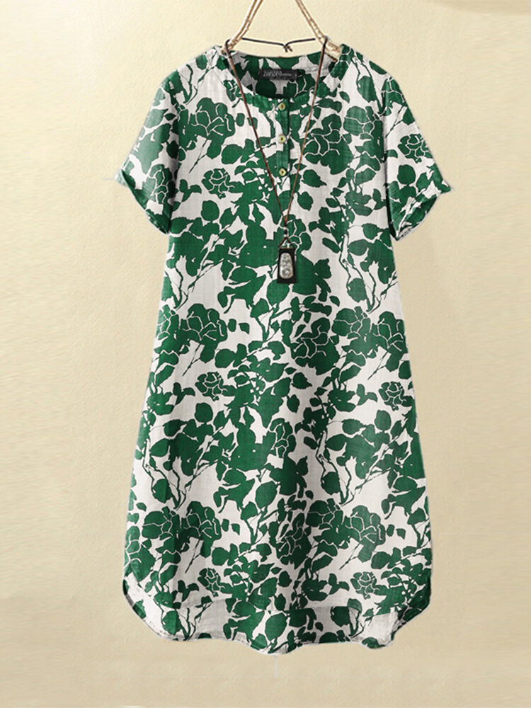 Vestido feminino manga curta floral Planta estampado botão quarto de manga curta