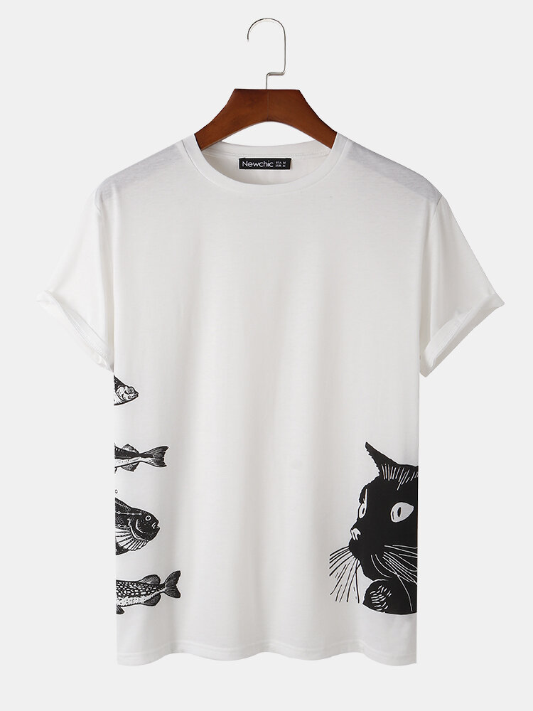 Mens Cute Cat & Fish Print Round Neck Short Sleeve T-Shirts