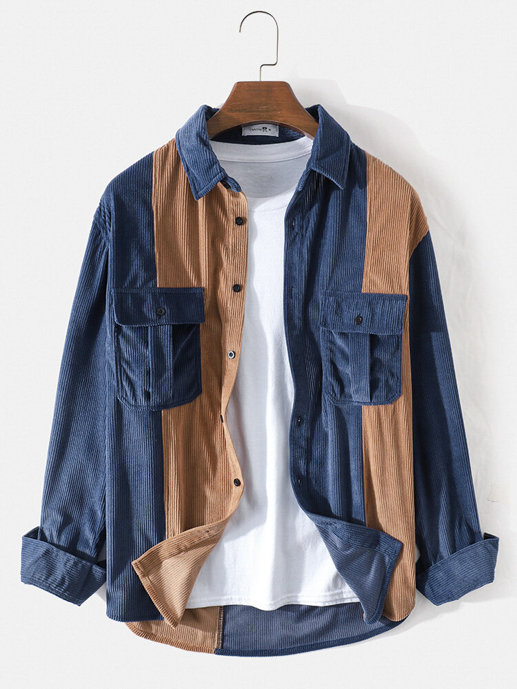 Mens Corduroy Patchwork Cargo Style Double Pockets Lapel Long Sleeve Shirts