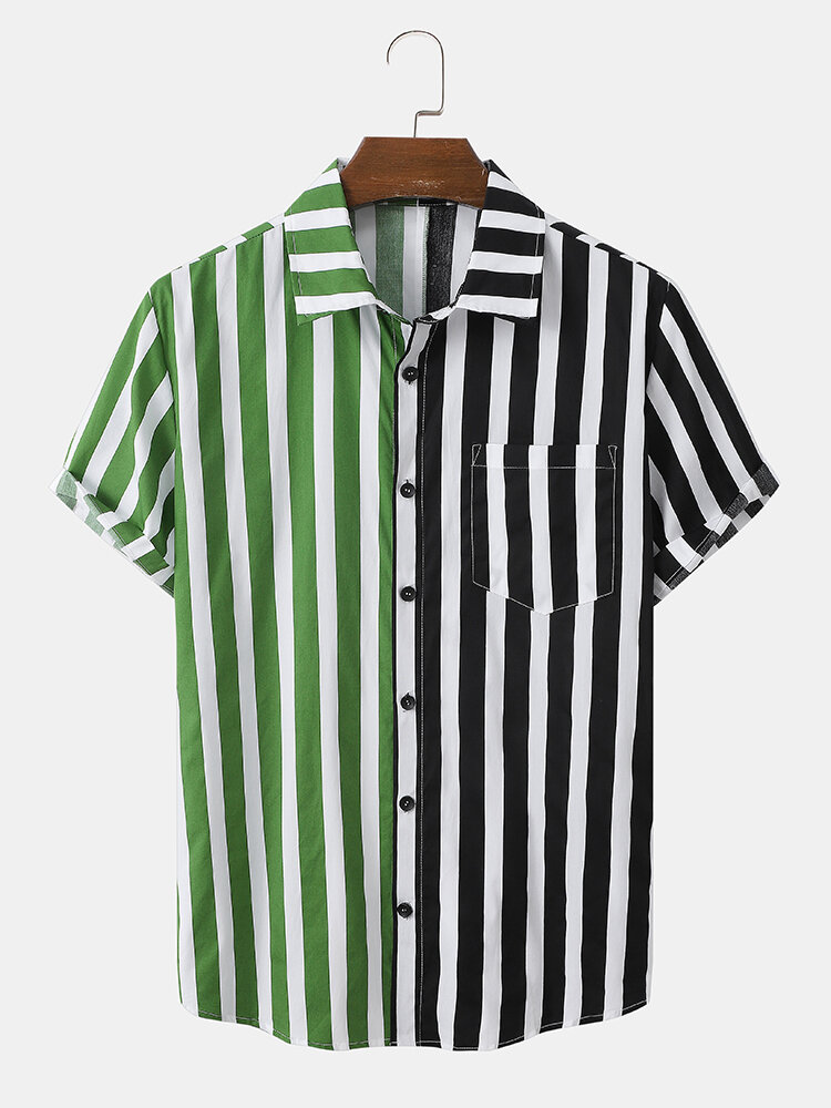 Mens Striped Patchwork Lapel Short Sleeve Shirts With Pocket