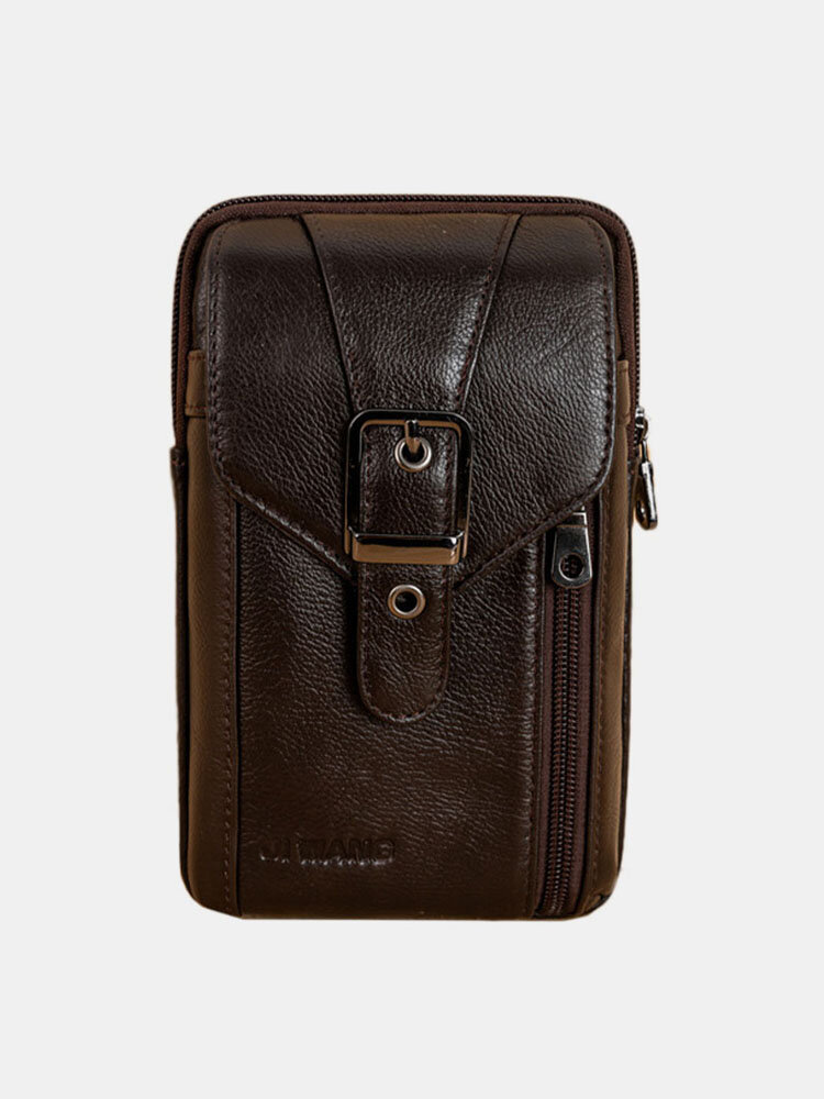 Men Solid 7.2'' Phone Bag Genuine Leather Belt Bag Crossbody Bag