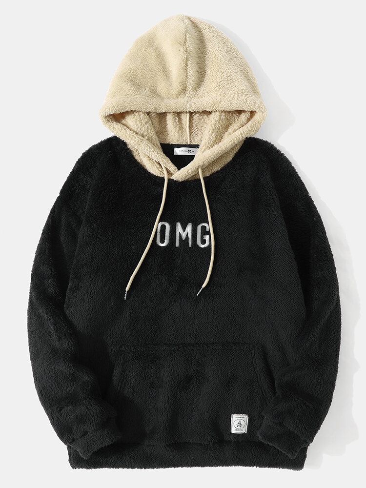 Mens Letter Embroidered Fluffy Plush Casual Overhead Drawstring Hoodies