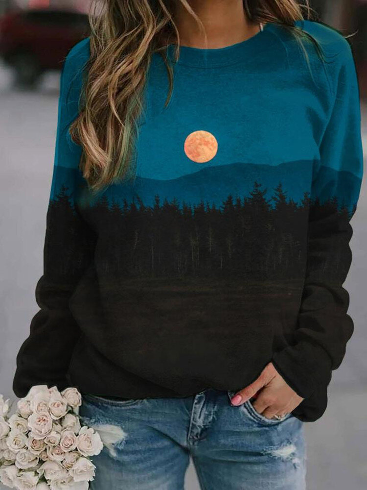 Landscape Print Vintage Long Sleeve O-neck Plus Size Sweatshirt