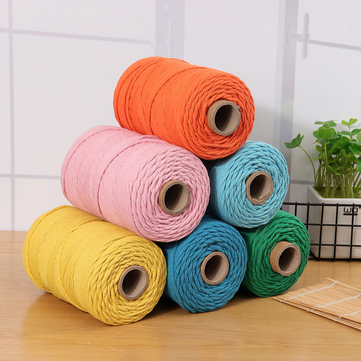 

1Pc 200mx4mm Color Cotton Rope Cotton Thread Braiding Rope Hand DIY Decorative Rope Tapestry Weaving Rope, Green;light blue;orange;yellow;blue;pink