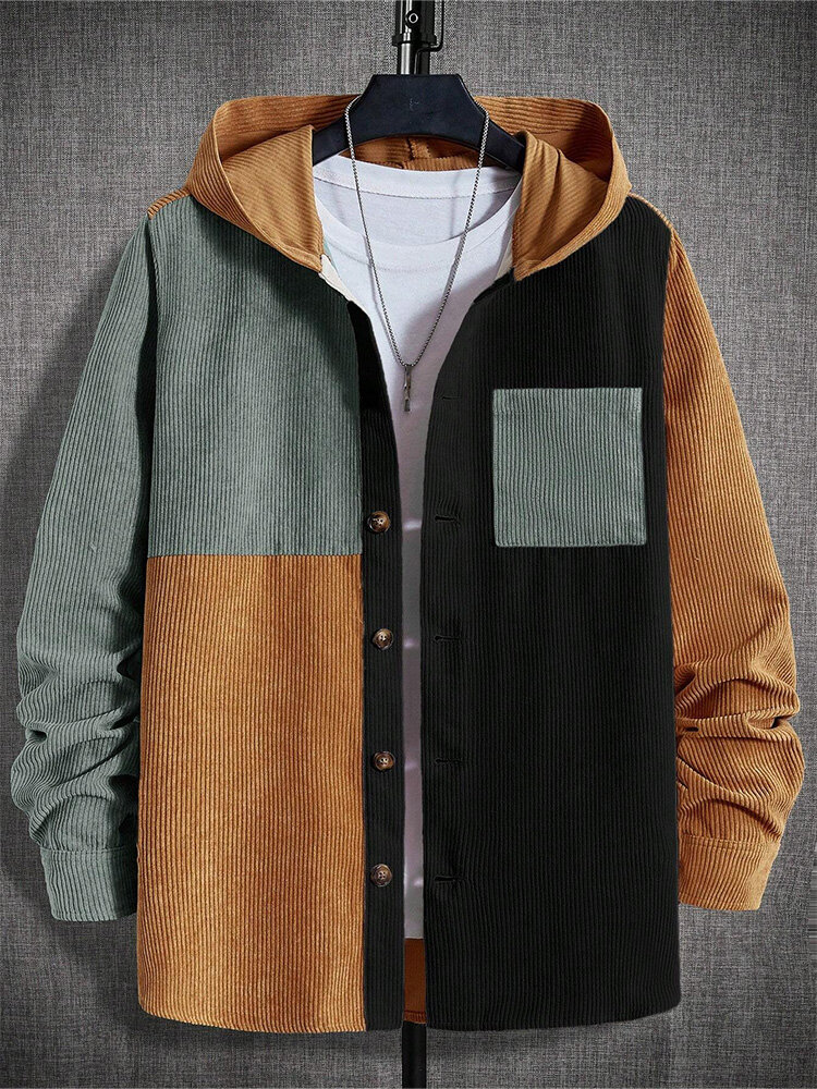 Mens Color Block Patchwork Corduroy Long Sleeve Hooded Shirts Winter