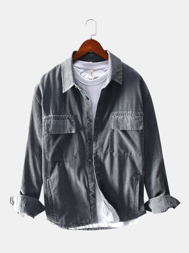 Mens Plain Style Corduroy Solid Color Double Pockets Warm Jackets