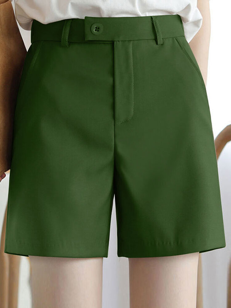 Solid Casual Pocket Straight Leg Shorts For Women