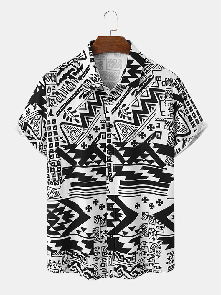 قمصان رجالي أحادية اللون بطباعة هندسية بنمط عرقي بأكمام قصيرة