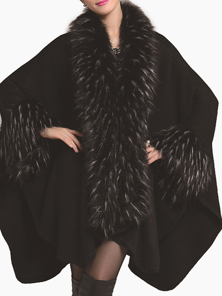 

Women Knitted Faux Fur Collar Batwing Sleeve Shawl Cloak Coats, Black