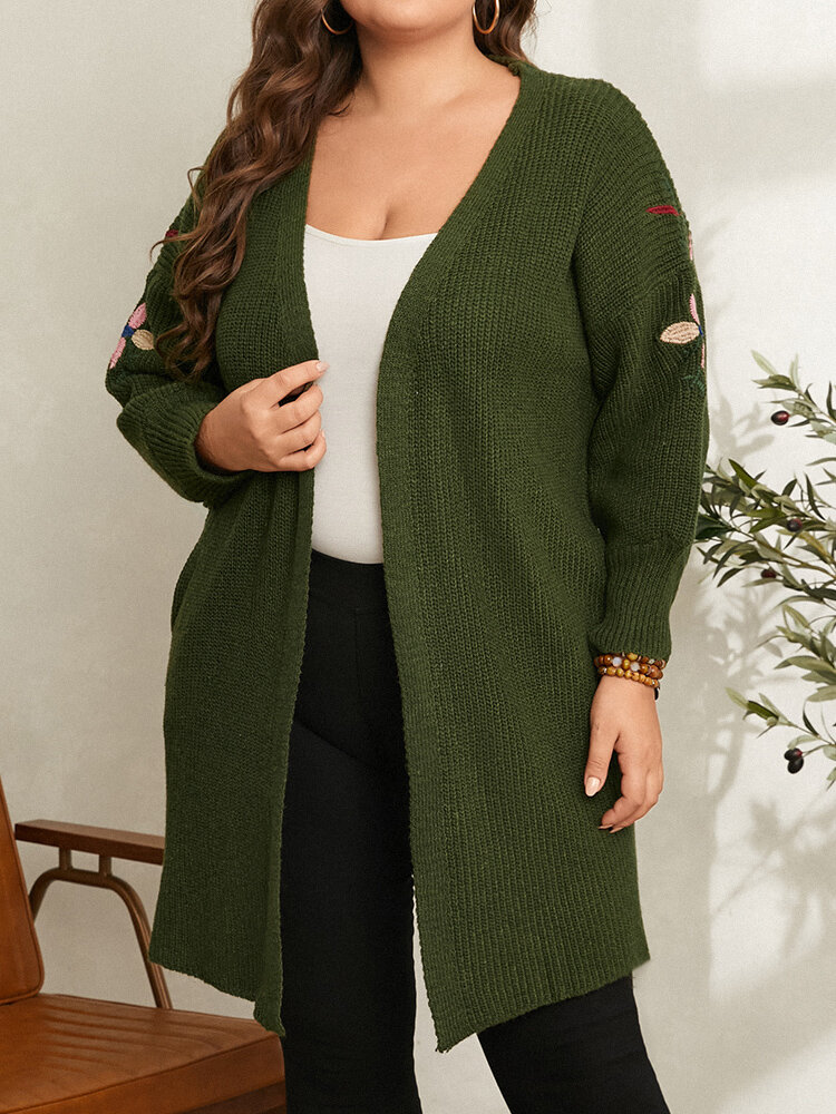 Plus Size Flower Embroidered Lantern Sleeve Casual Cardigan