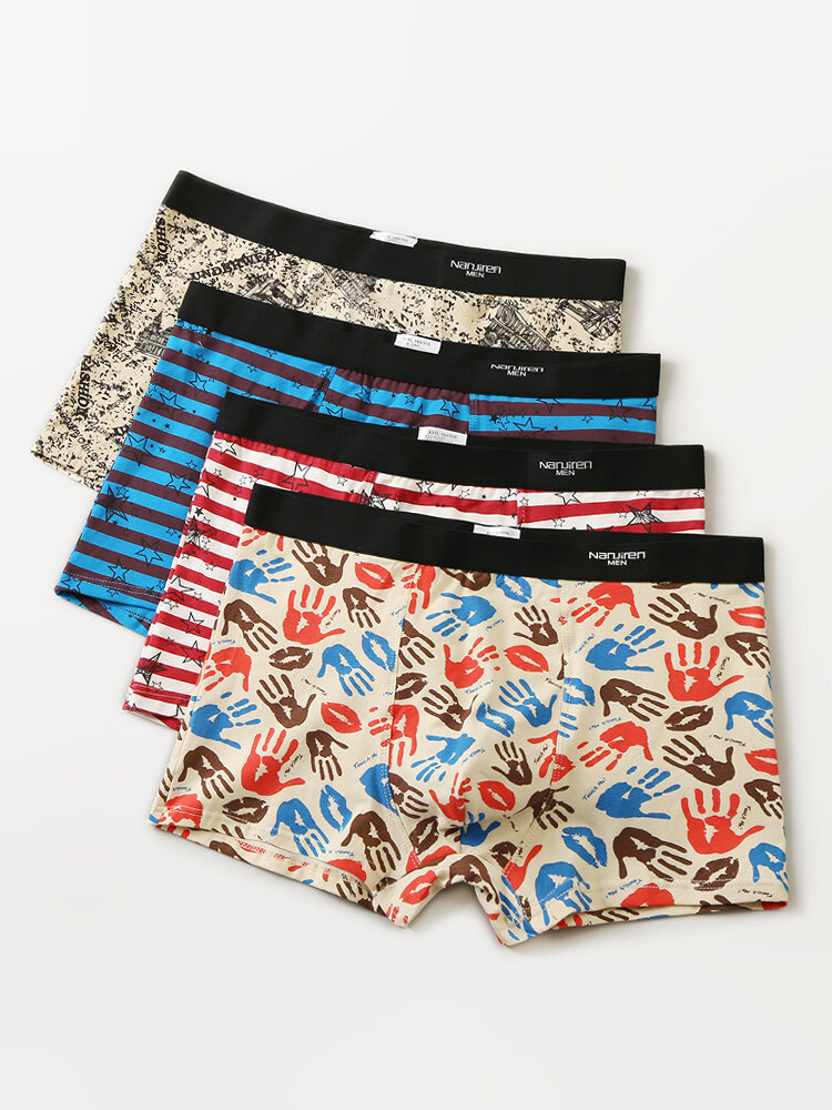 4Pcs Mens Stripe Palm Print Modal Cozy Boxers Underwear With Pouch