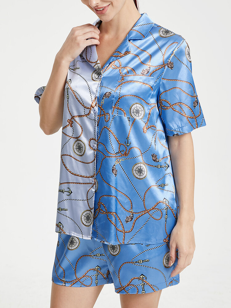 Women Irregular Rope Graphic Single Pocket Soft Breathable Two Tone Pajamas Sets