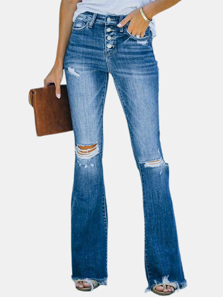 Solid Color Ripped Flared Leg Washed Denim Jeans