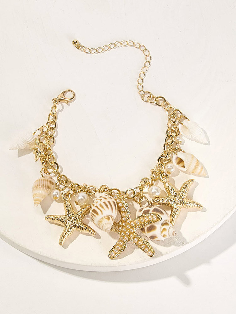 Trendy Conch Starfish Colgante Pulsera con borlas Pulsera con cadena de perlas huecas bohemias para mujer