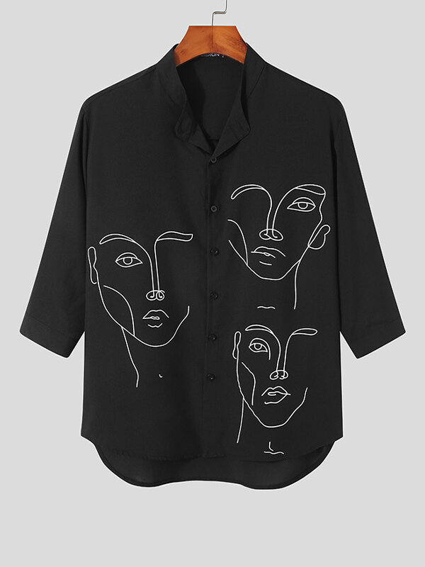 

Mens Abstract Face Print Long Sleeve Shirts, Black;white