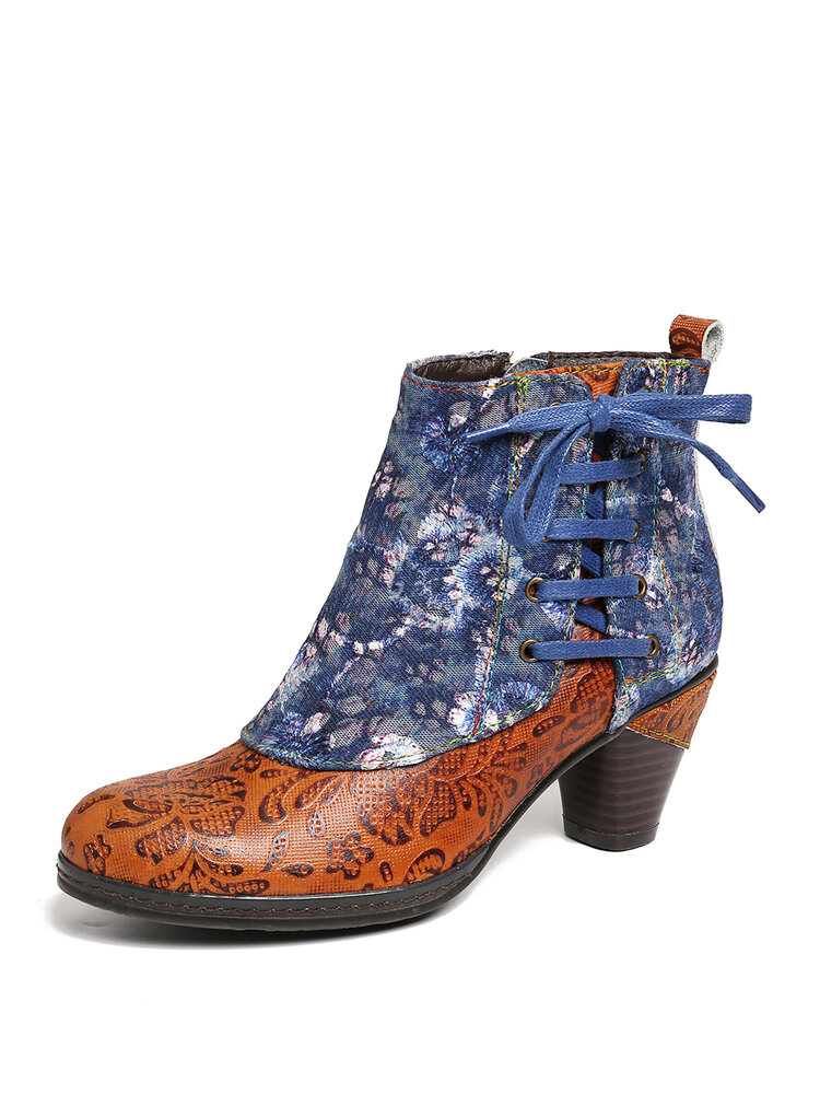 SOCOFY Retro Embossed Genuine Leather Splicing Folkways Flower Pattern High Heel Boots
