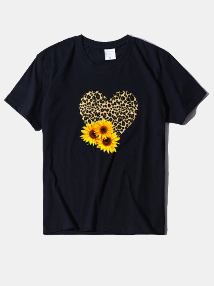 Leopard Sunflower Print Short Sleeves Casual T-shirt For Women
