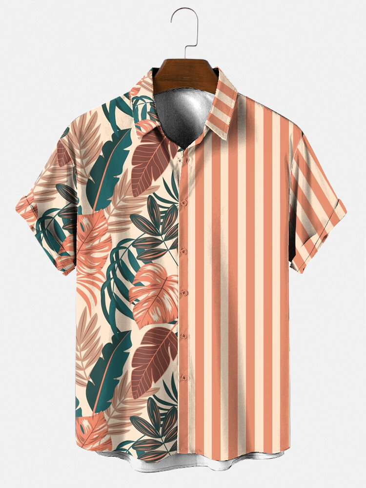Mens Tropical Leaf & Striped Print Holiday Short Sleeve Shirts