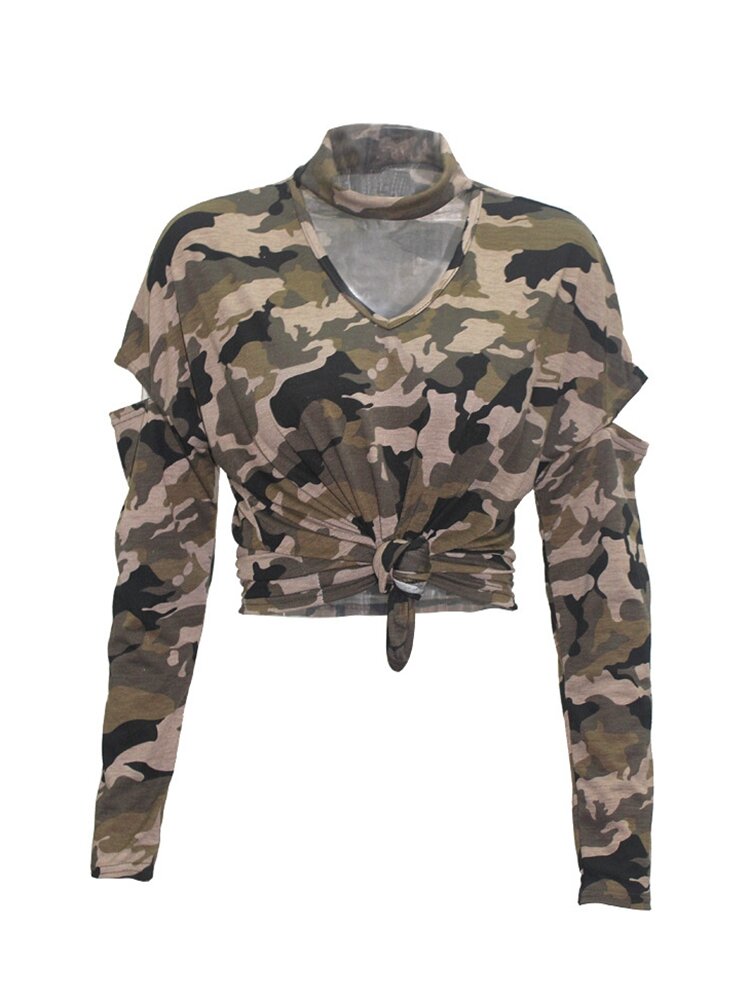 Camouflage Bandage V-neck Hollow Long Sleeve Women T-shirt