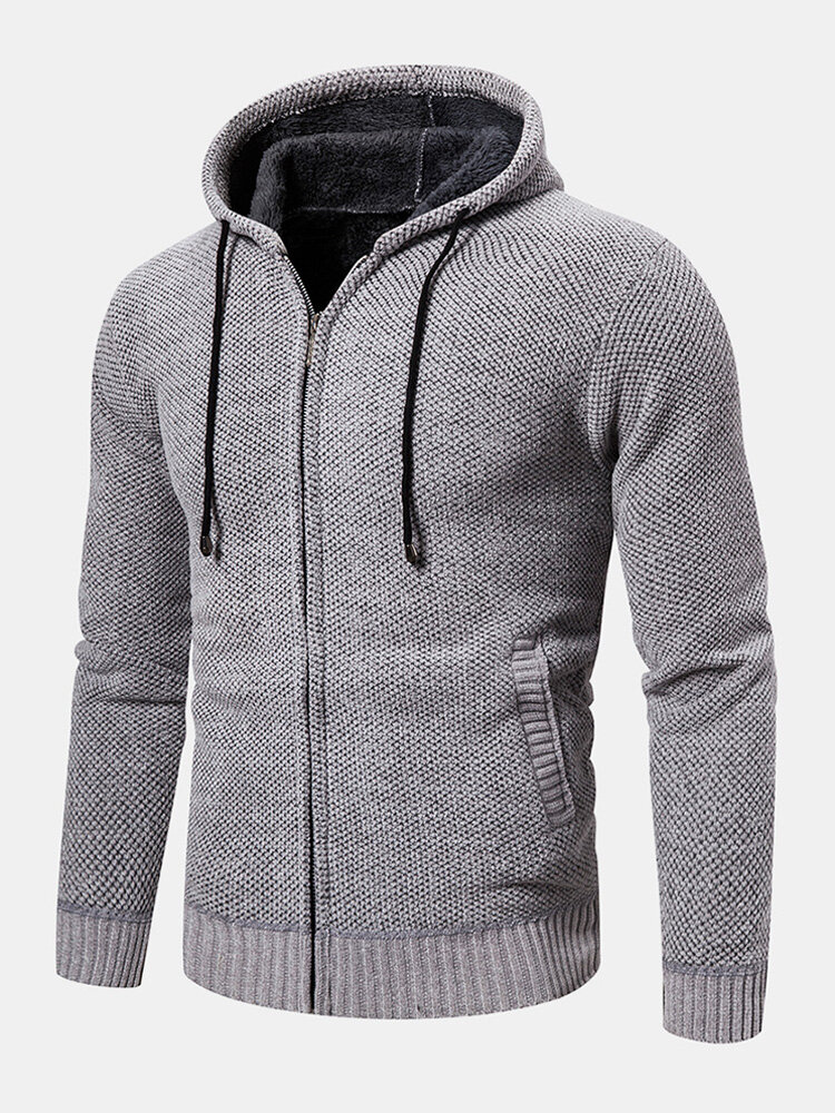 Mens Solid Color ZipperDrawstring Hooded Casual Knitted Cardigan Sweater от Newchic WW