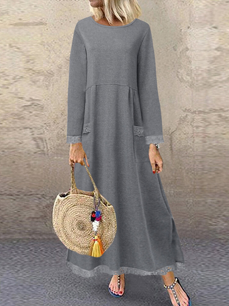 Vestido feminino de renda patchwork com bolso duplo manga comprida casual