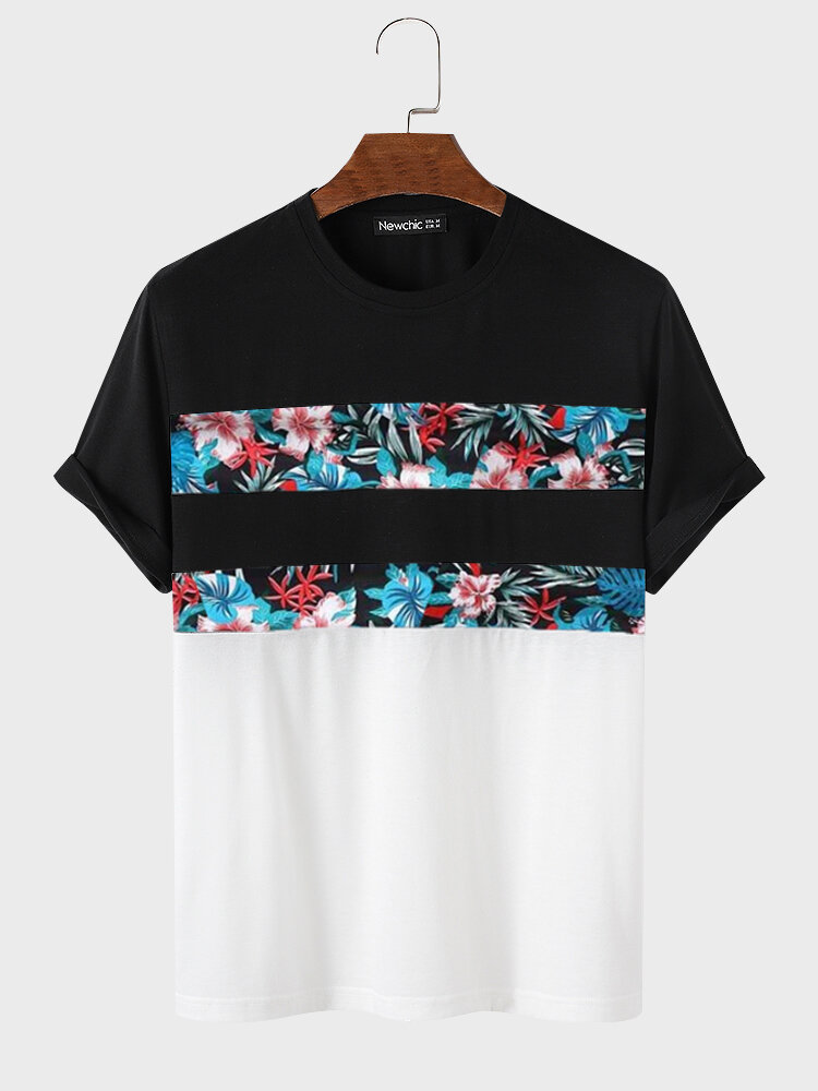 T-shirt a maniche corte da uomo con stampa floreale tropicale patchwork per vacanze hawaiane