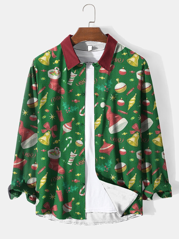 Mens Allover Christmas Element Print Contrast Lapel Long Sleeve Shirts